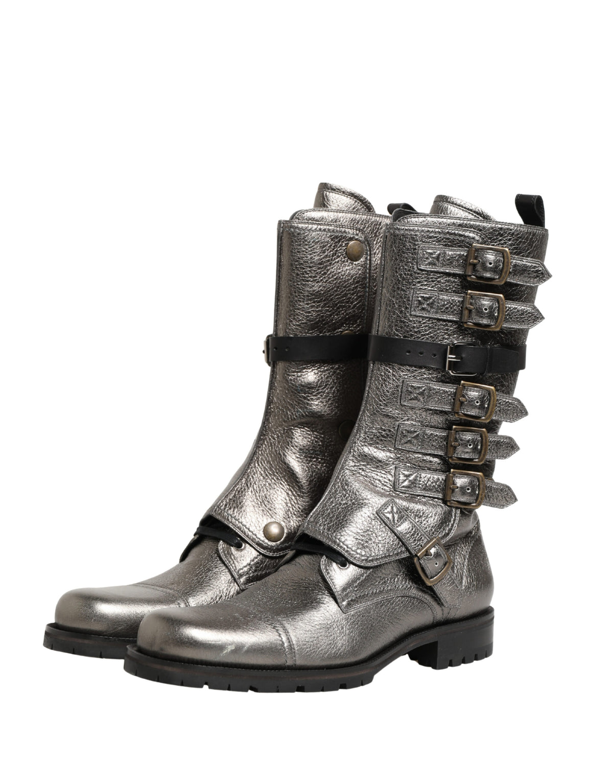 Dolce & Gabbana Metallic Leather Buckle Combat Boots Shoes - Eljoys Fashion 