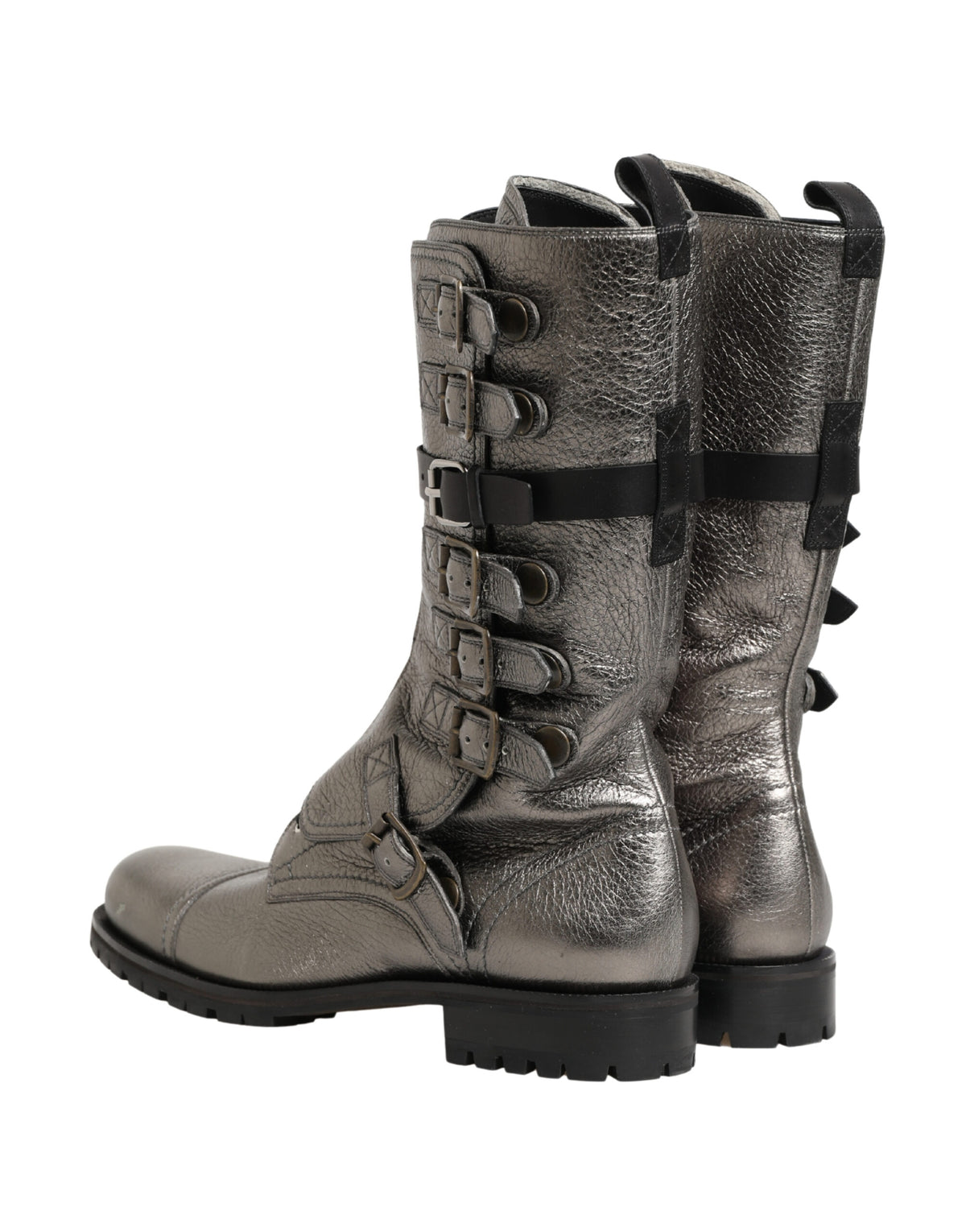 Dolce & Gabbana Metallic Leather Buckle Combat Boots Shoes - Eljoys Fashion 