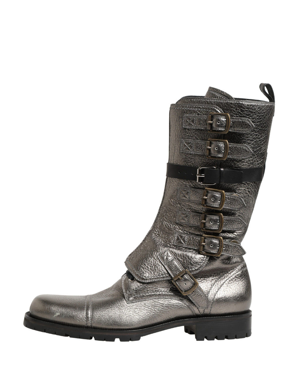 Dolce & Gabbana Metallic Leather Buckle Combat Boots Shoes - Eljoys Fashion 