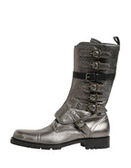Dolce & Gabbana Metallic Leather Buckle Combat Boots Shoes - Eljoys Fashion 