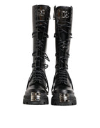 Dolce & Gabbana Black Leather Knee High Combat Boots Shoes - Eljoys Fashion 