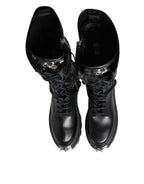Dolce & Gabbana Black Leather Knee High Combat Boots Shoes - Eljoys Fashion 