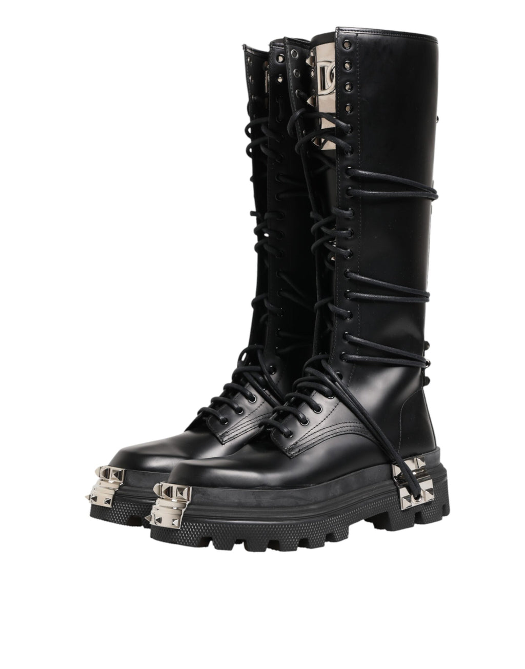 Dolce & Gabbana Black Leather Knee High Combat Boots Shoes - Eljoys Fashion 