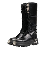 Dolce & Gabbana Black Leather Knee High Combat Boots Shoes - Eljoys Fashion 