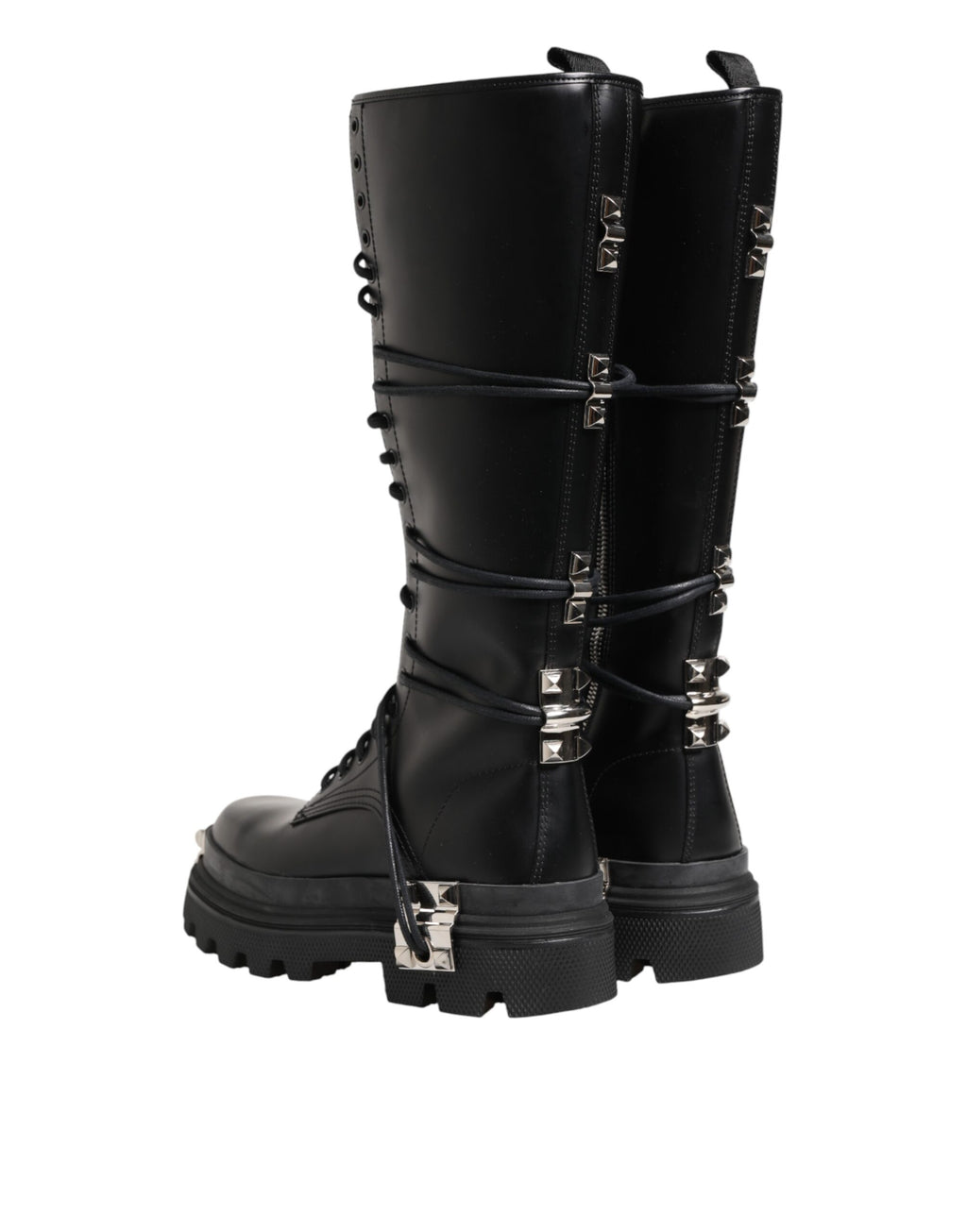 Dolce & Gabbana Black Leather Knee High Combat Boots Shoes - Eljoys Fashion 