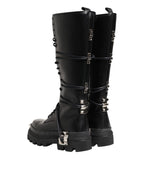 Dolce & Gabbana Black Leather Knee High Combat Boots Shoes - Eljoys Fashion 