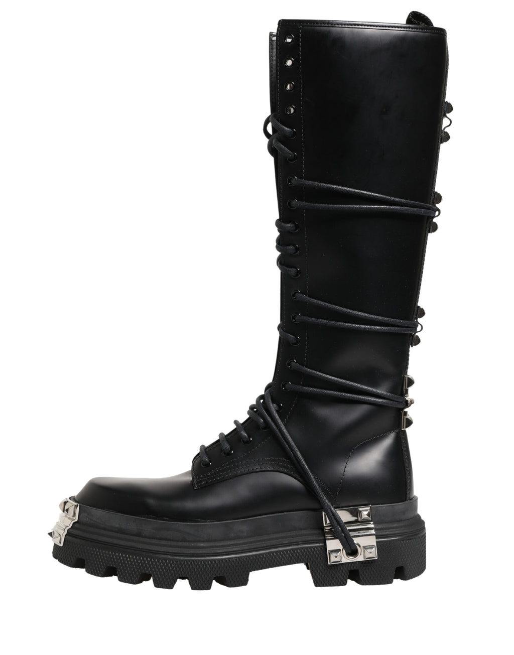 Dolce & Gabbana Black Leather Knee High Combat Boots Shoes - Eljoys Fashion 