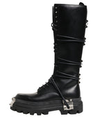 Dolce & Gabbana Black Leather Knee High Combat Boots Shoes - Eljoys Fashion 