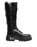 Dolce & Gabbana Black Leather Knee High Combat Boots Shoes - Eljoys Fashion 