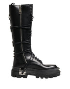Dolce & Gabbana Black Leather Knee High Combat Boots Shoes - Eljoys Fashion 