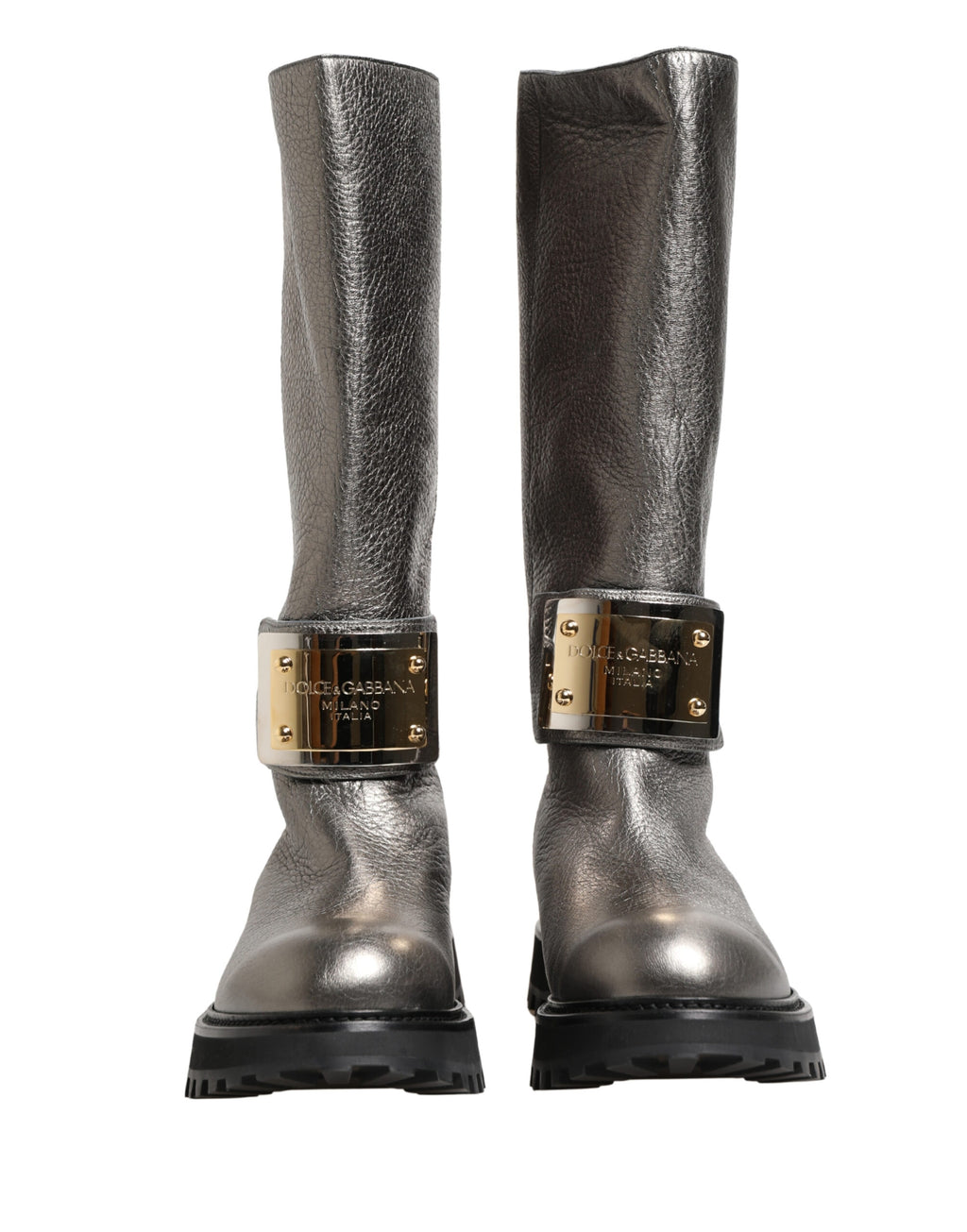 Dolce & Gabbana Metallic Silver Leather Mid Calf Boots Shoes - Eljoys Fashion 