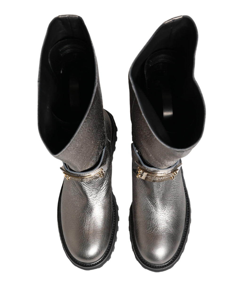 Dolce & Gabbana Metallic Silver Leather Mid Calf Boots Shoes - Eljoys Fashion 