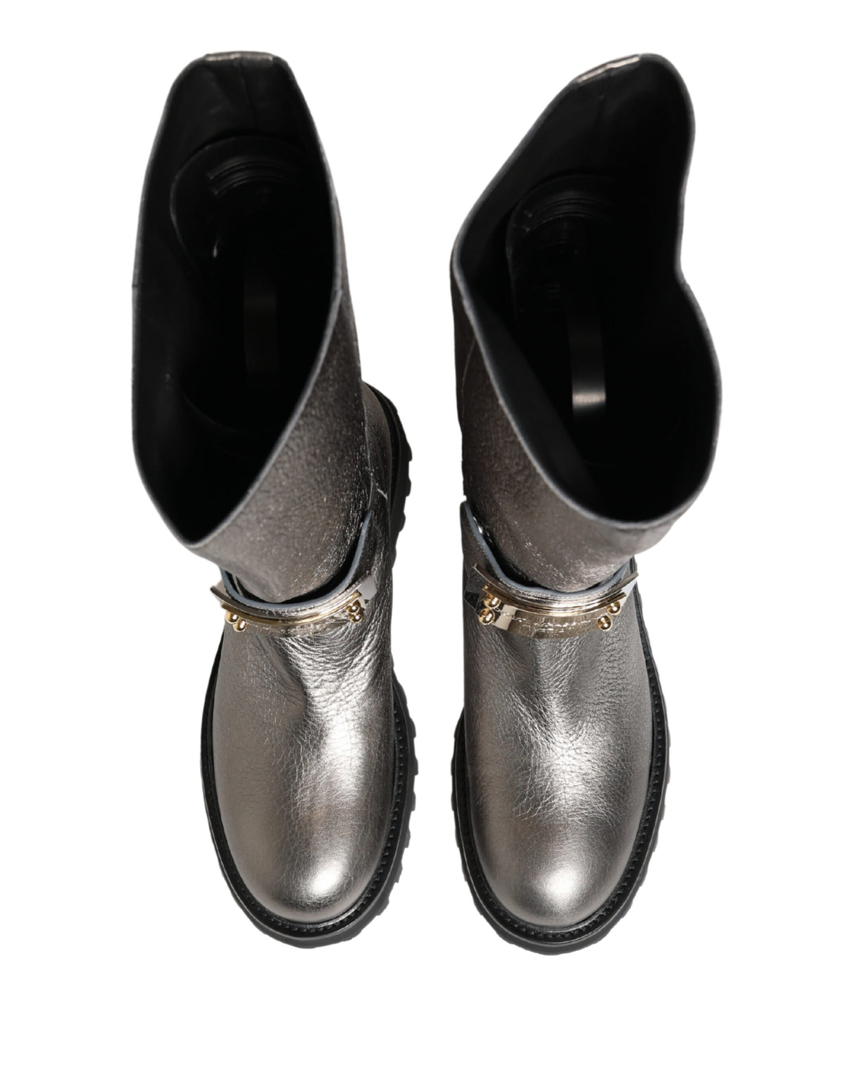 Dolce & Gabbana Metallic Silver Leather Mid Calf Boots Shoes - Eljoys Fashion 