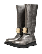 Dolce & Gabbana Metallic Silver Leather Mid Calf Boots Shoes - Eljoys Fashion 