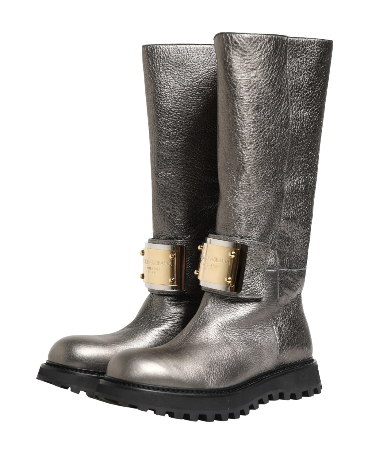 Dolce & Gabbana Metallic Silver Leather Mid Calf Boots Shoes - Eljoys Fashion 