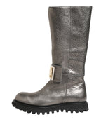 Dolce & Gabbana Metallic Silver Leather Mid Calf Boots Shoes - Eljoys Fashion 
