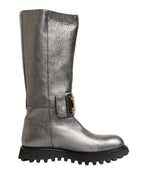 Dolce & Gabbana Metallic Silver Leather Mid Calf Boots Shoes - Eljoys Fashion 