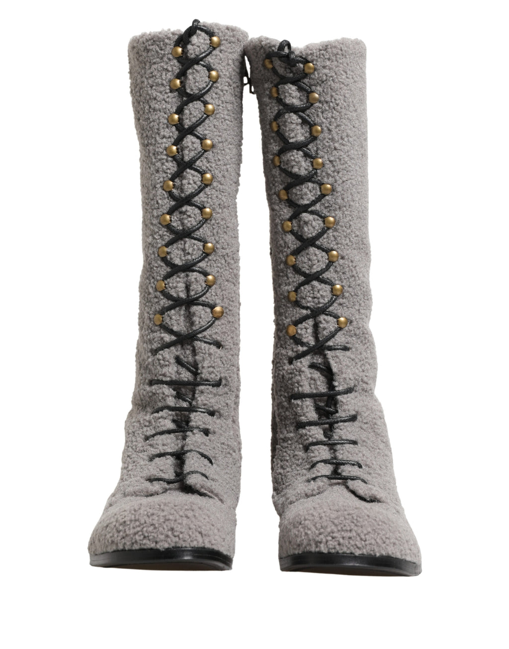 Dolce & Gabbana Gray Shearling Lace Up Knee High Boots Shoes - Eljoys Fashion 