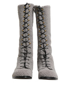 Dolce & Gabbana Gray Shearling Lace Up Knee High Boots Shoes - Eljoys Fashion 