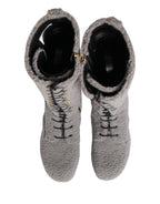 Dolce & Gabbana Gray Shearling Lace Up Knee High Boots Shoes - Eljoys Fashion 