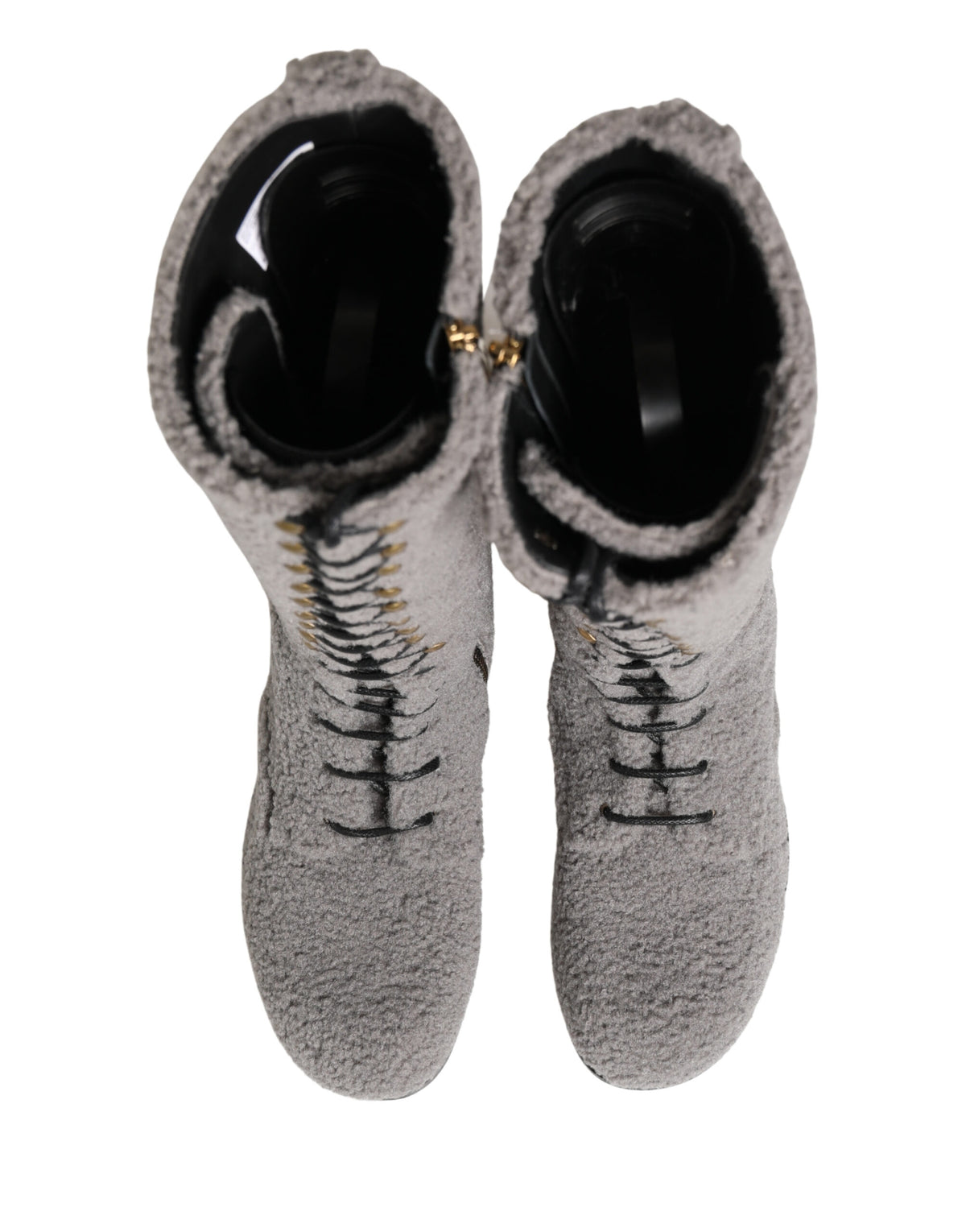 Dolce & Gabbana Gray Shearling Lace Up Knee High Boots Shoes - Eljoys Fashion 