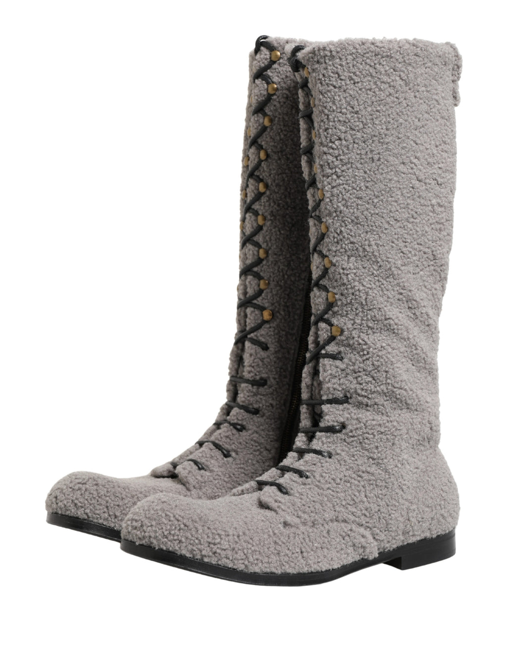 Dolce & Gabbana Gray Shearling Lace Up Knee High Boots Shoes - Eljoys Fashion 