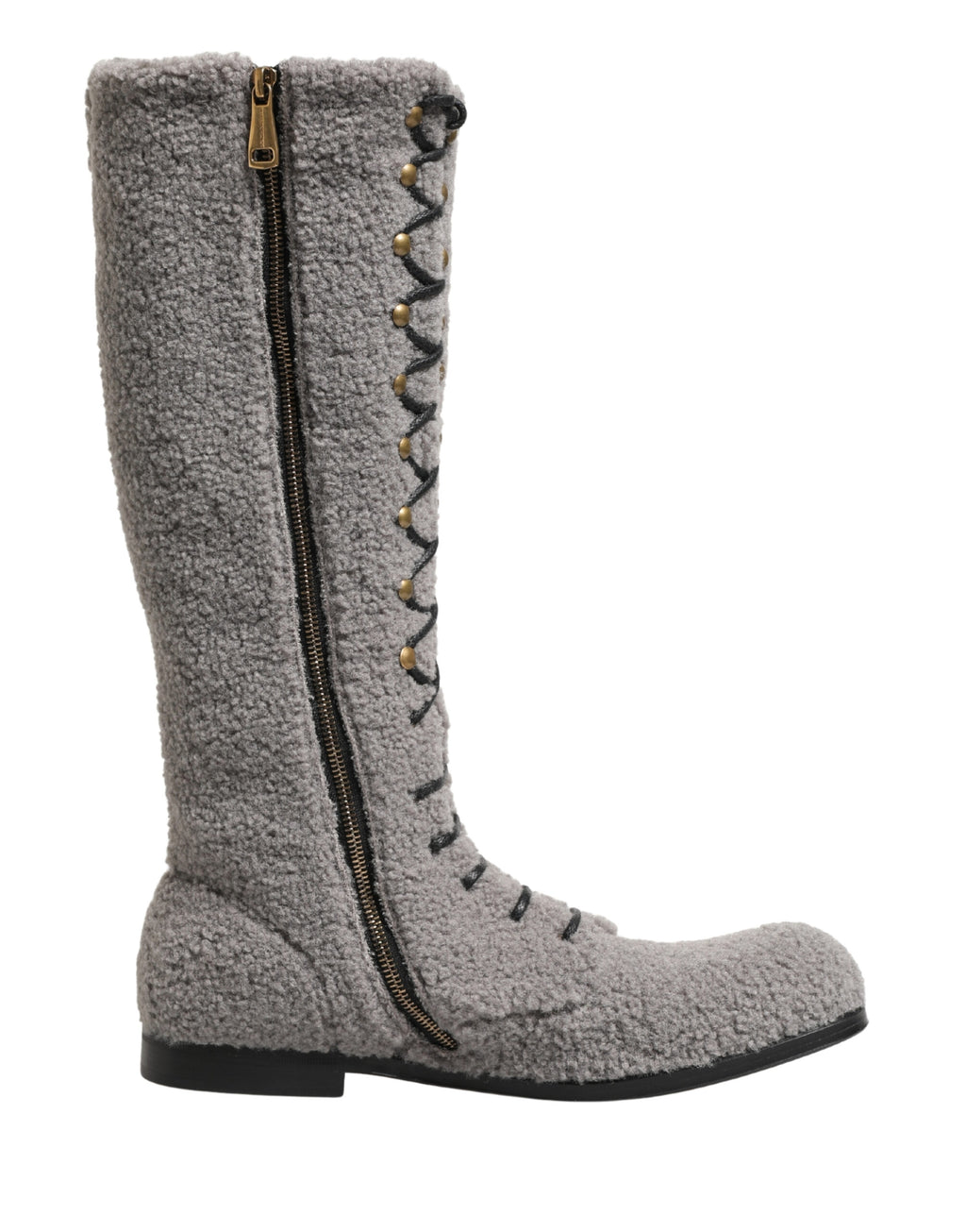 Dolce & Gabbana Gray Shearling Lace Up Knee High Boots Shoes - Eljoys Fashion 