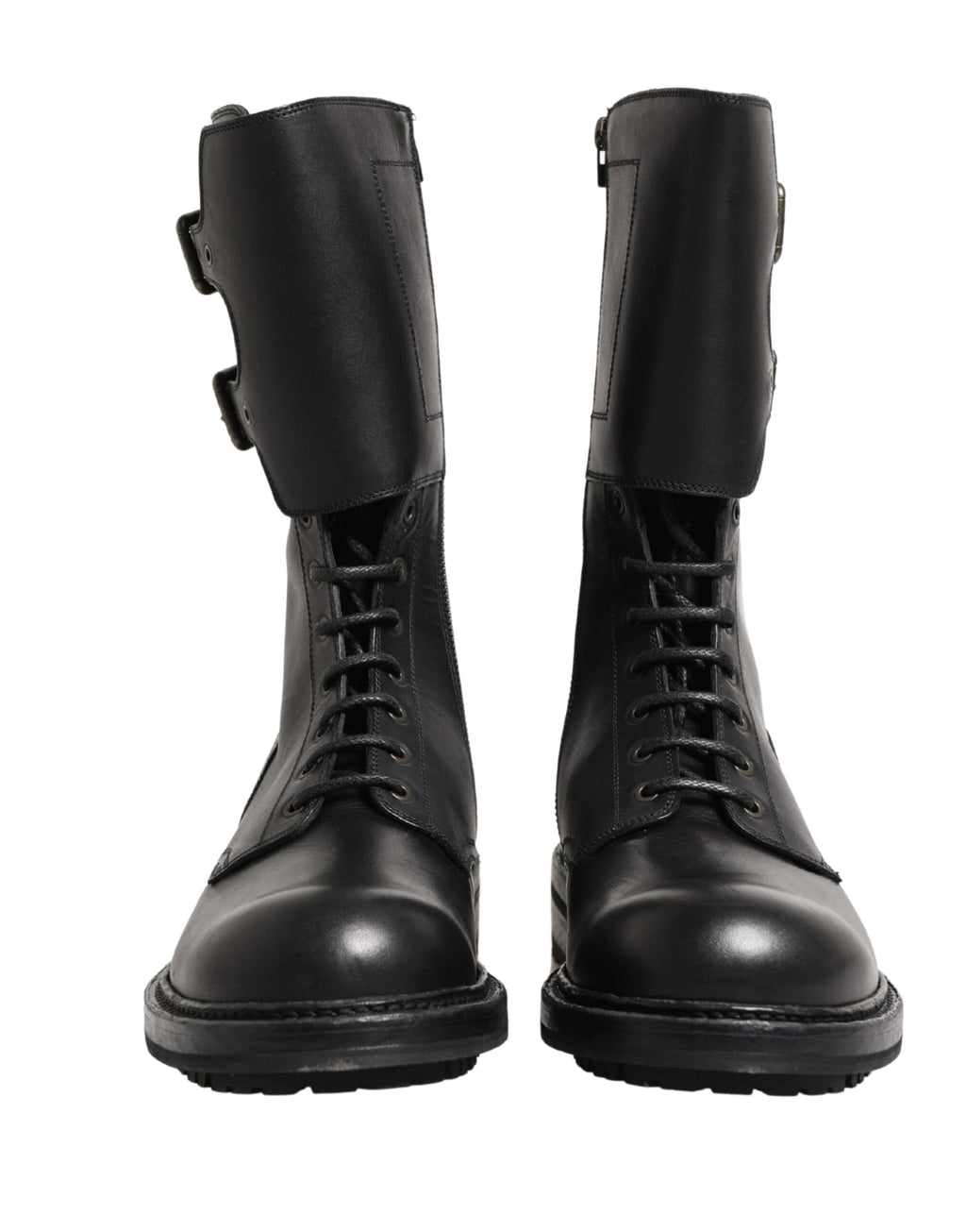 Dolce & Gabbana Black Leather Belted Buckle Combat Boots Shoes - Eljoys Fashion 
