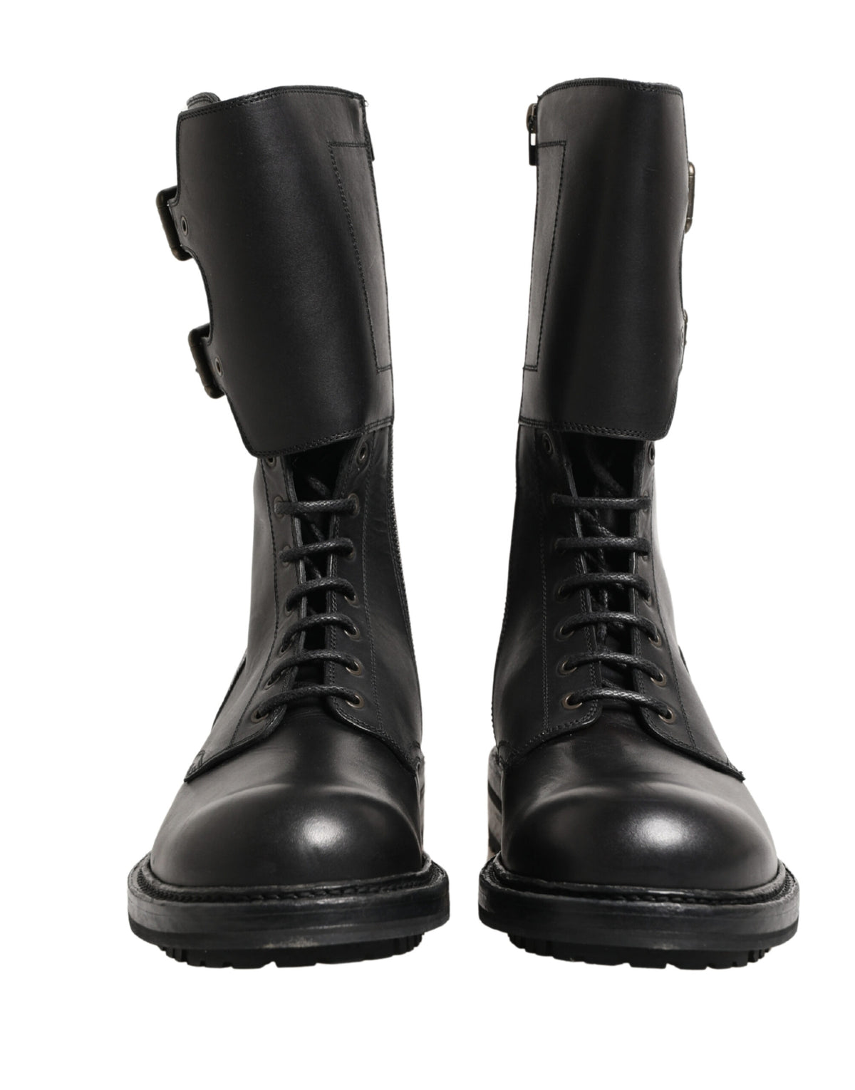 Dolce & Gabbana Black Leather Belted Buckle Combat Boots Shoes - Eljoys Fashion 