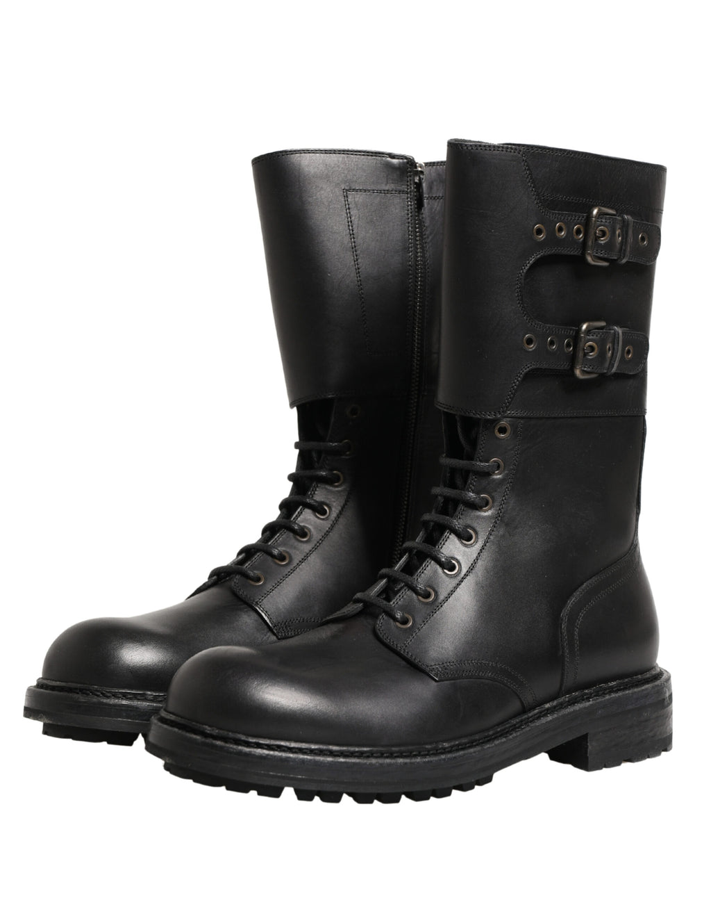 Dolce & Gabbana Black Leather Belted Buckle Combat Boots Shoes - Eljoys Fashion 