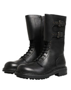 Dolce & Gabbana Black Leather Belted Buckle Combat Boots Shoes - Eljoys Fashion 