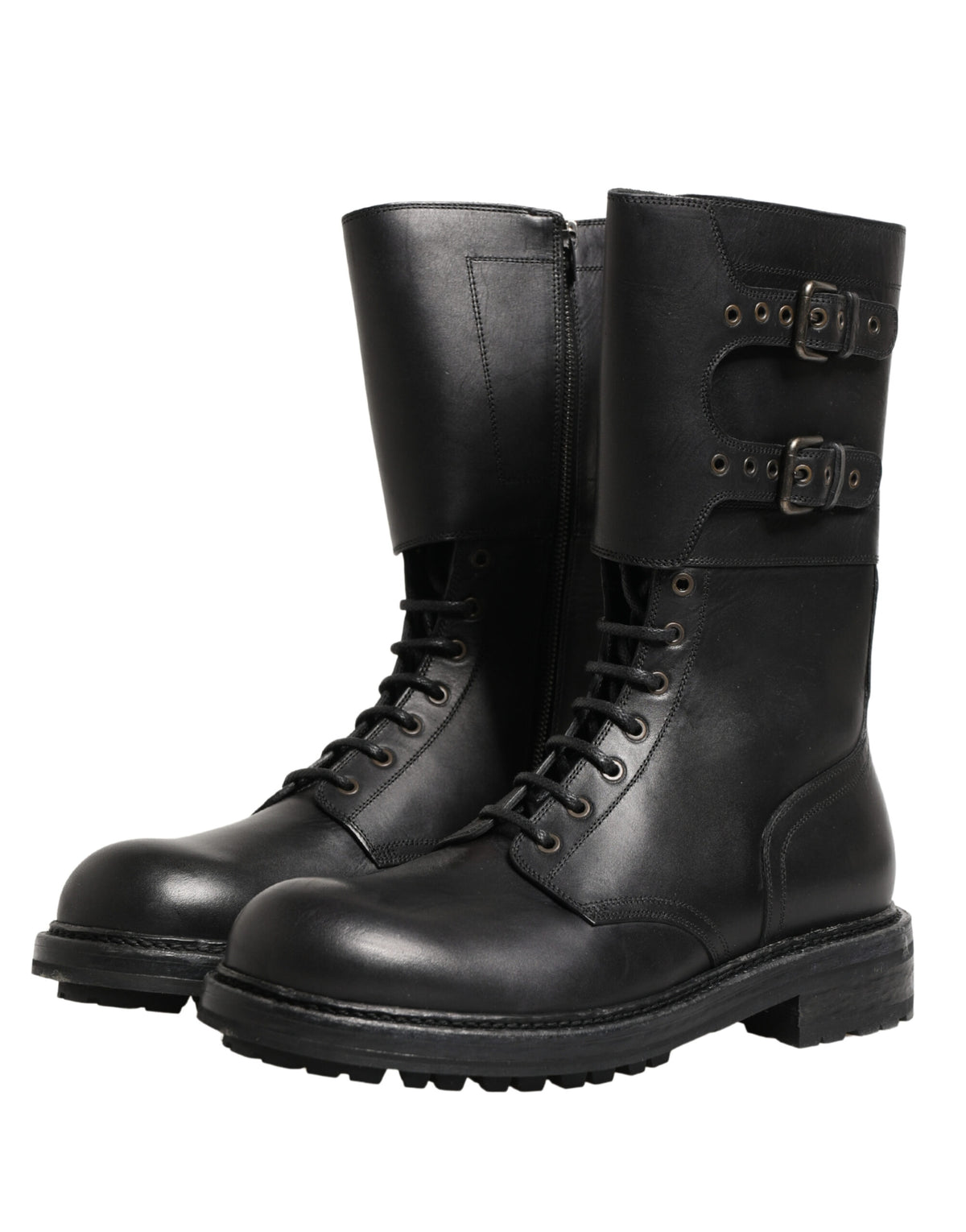 Dolce & Gabbana Black Leather Belted Buckle Combat Boots Shoes - Eljoys Fashion 