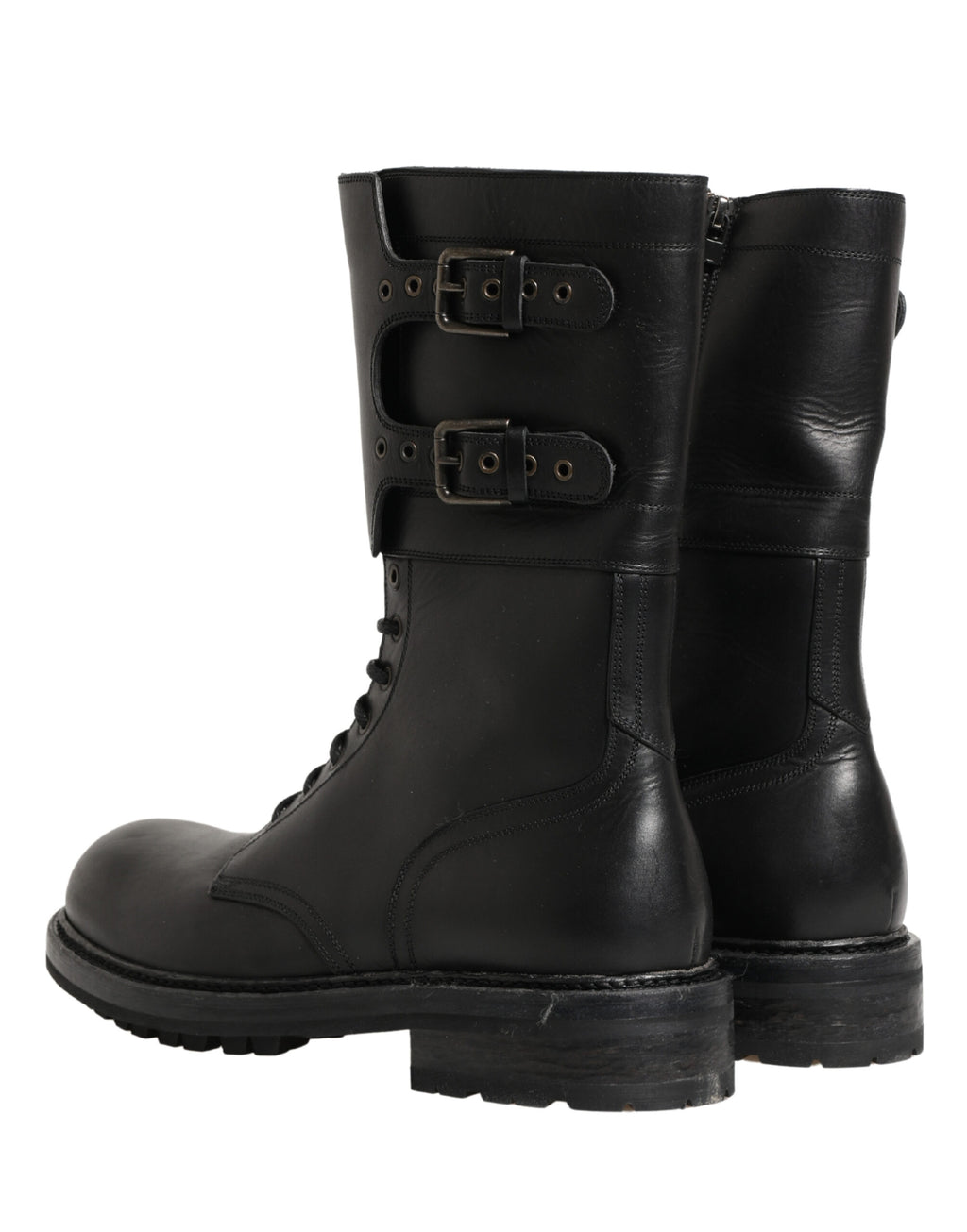 Dolce & Gabbana Black Leather Belted Buckle Combat Boots Shoes - Eljoys Fashion 