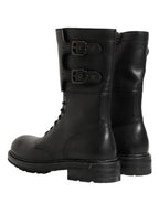 Dolce & Gabbana Black Leather Belted Buckle Combat Boots Shoes - Eljoys Fashion 