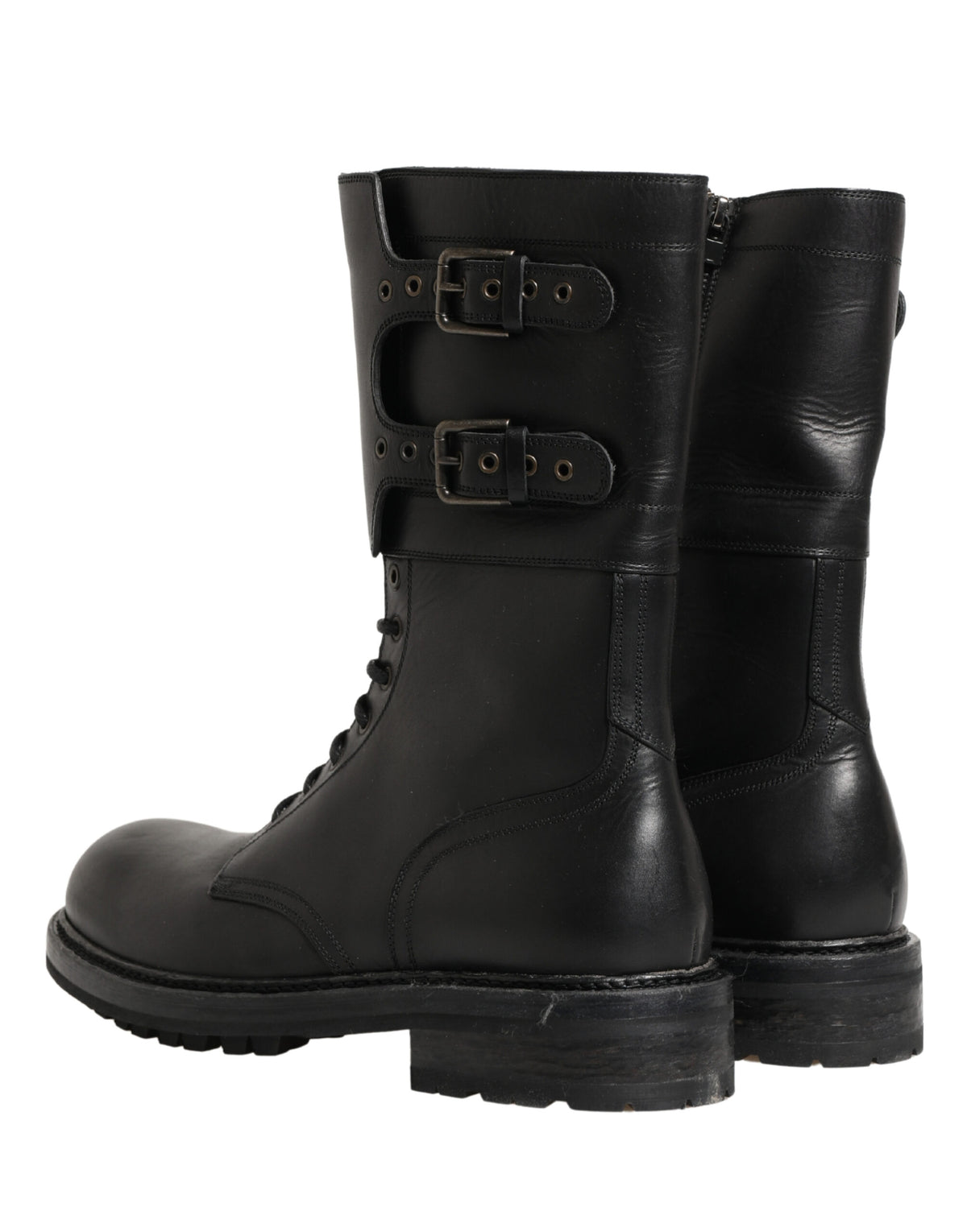 Dolce & Gabbana Black Leather Belted Buckle Combat Boots Shoes - Eljoys Fashion 