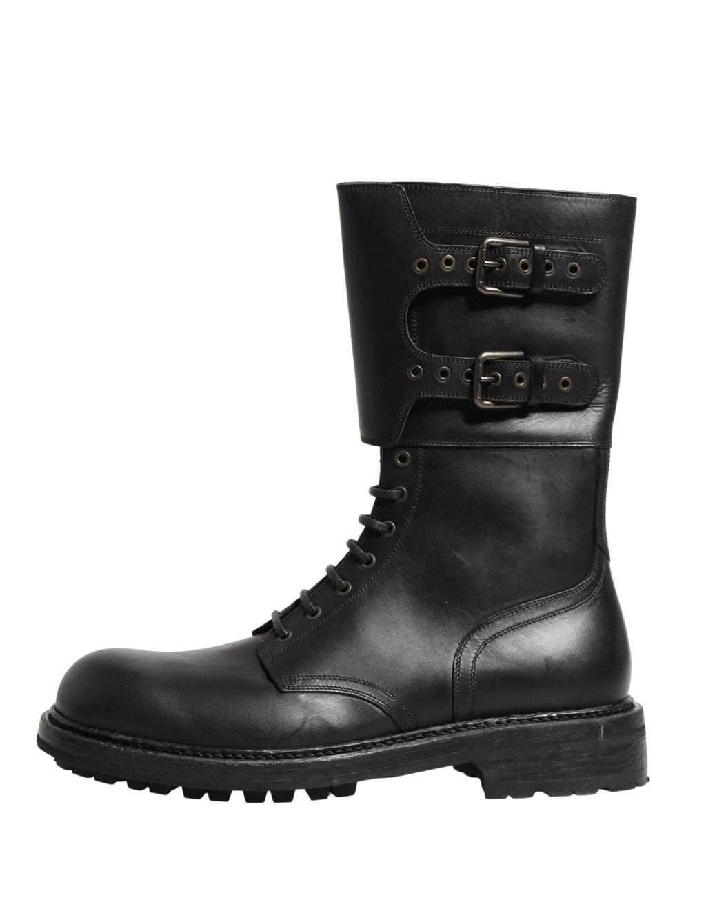 Dolce & Gabbana Black Leather Belted Buckle Combat Boots Shoes - Eljoys Fashion 