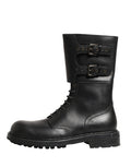 Dolce & Gabbana Black Leather Belted Buckle Combat Boots Shoes - Eljoys Fashion 