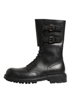 Dolce & Gabbana Black Leather Belted Buckle Combat Boots Shoes - Eljoys Fashion 