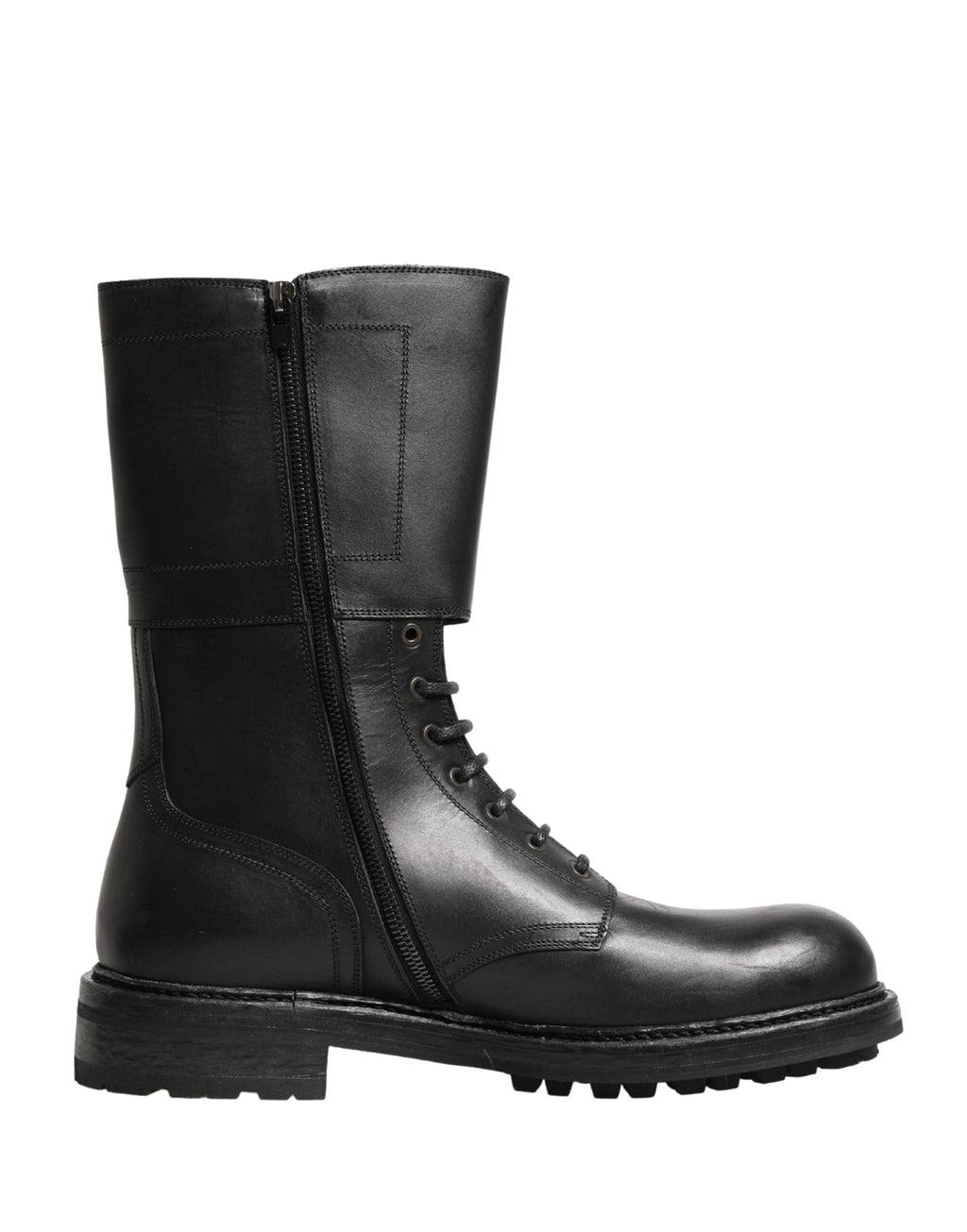 Dolce & Gabbana Black Leather Belted Buckle Combat Boots Shoes - Eljoys Fashion 