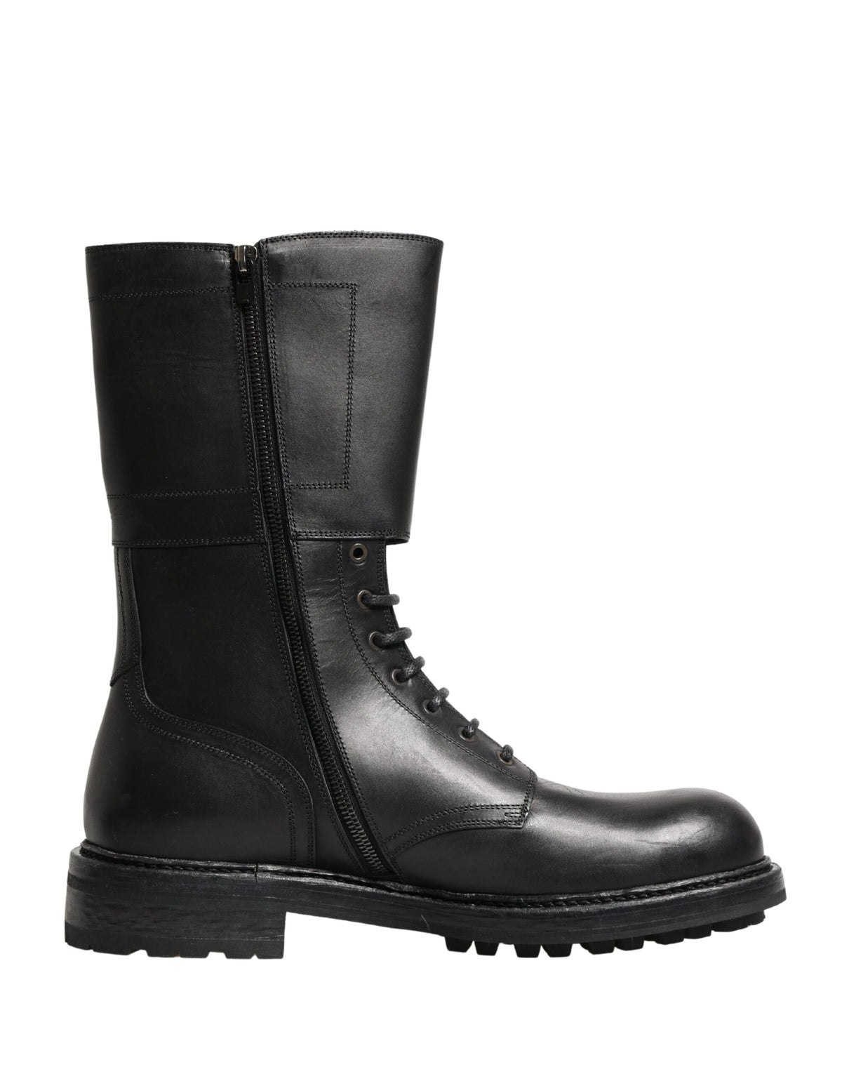 Dolce & Gabbana Black Leather Belted Buckle Combat Boots Shoes - Eljoys Fashion 