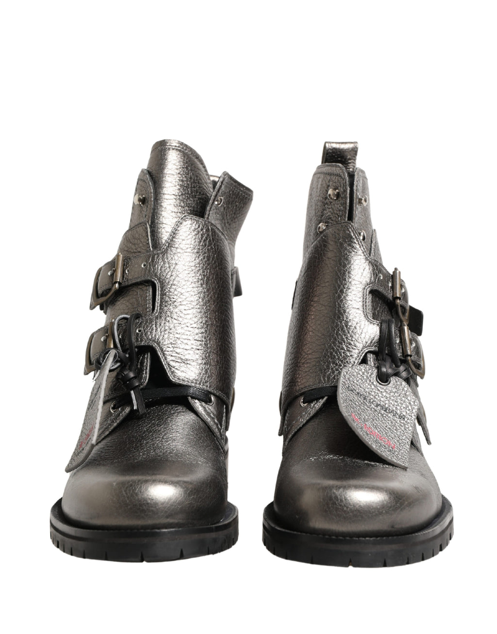 Dolce & Gabbana Metallic Silver Leather Buckle Ankle Boots Shoes - Eljoys Fashion 