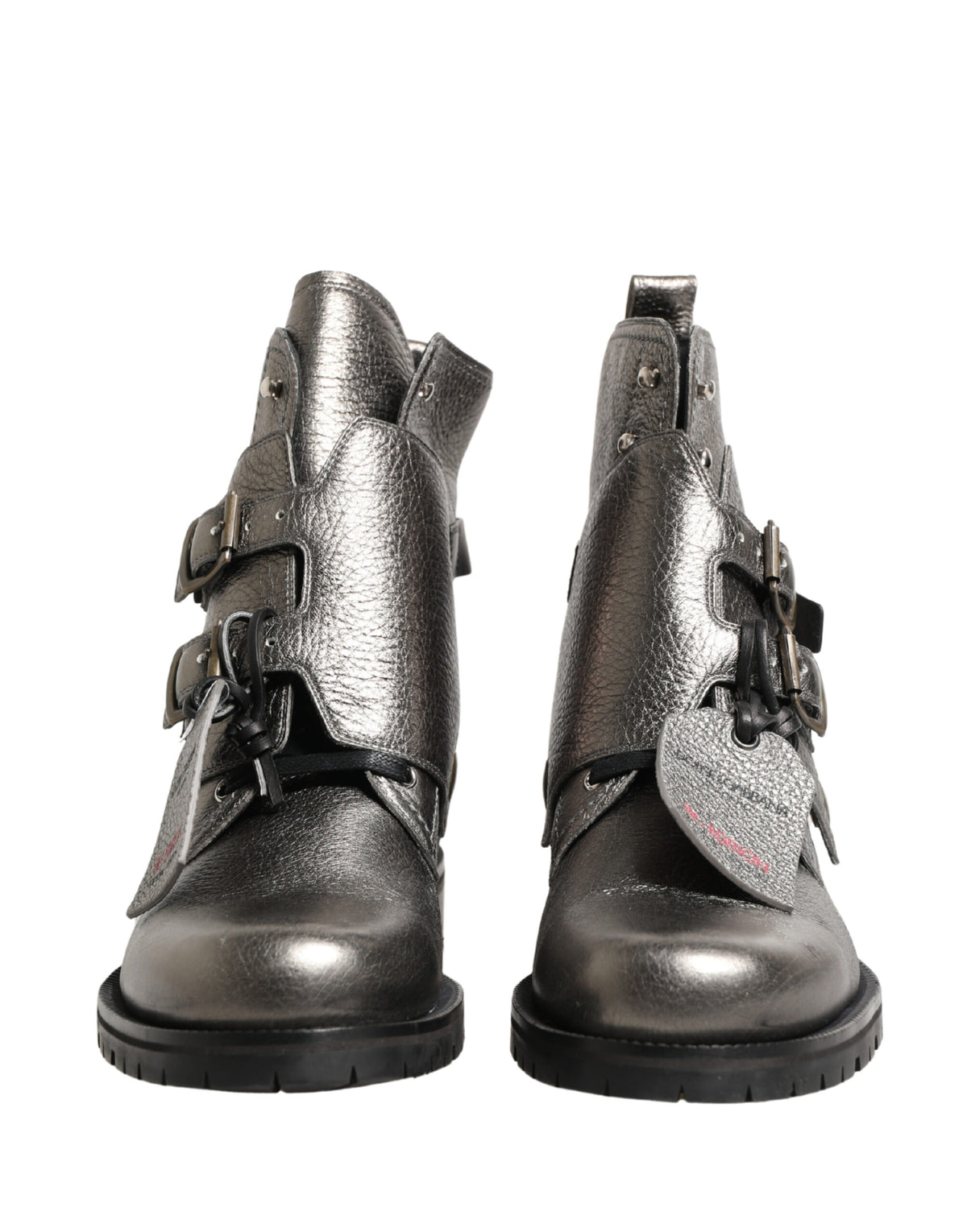 Dolce & Gabbana Metallic Silver Leather Buckle Ankle Boots Shoes - Eljoys Fashion 