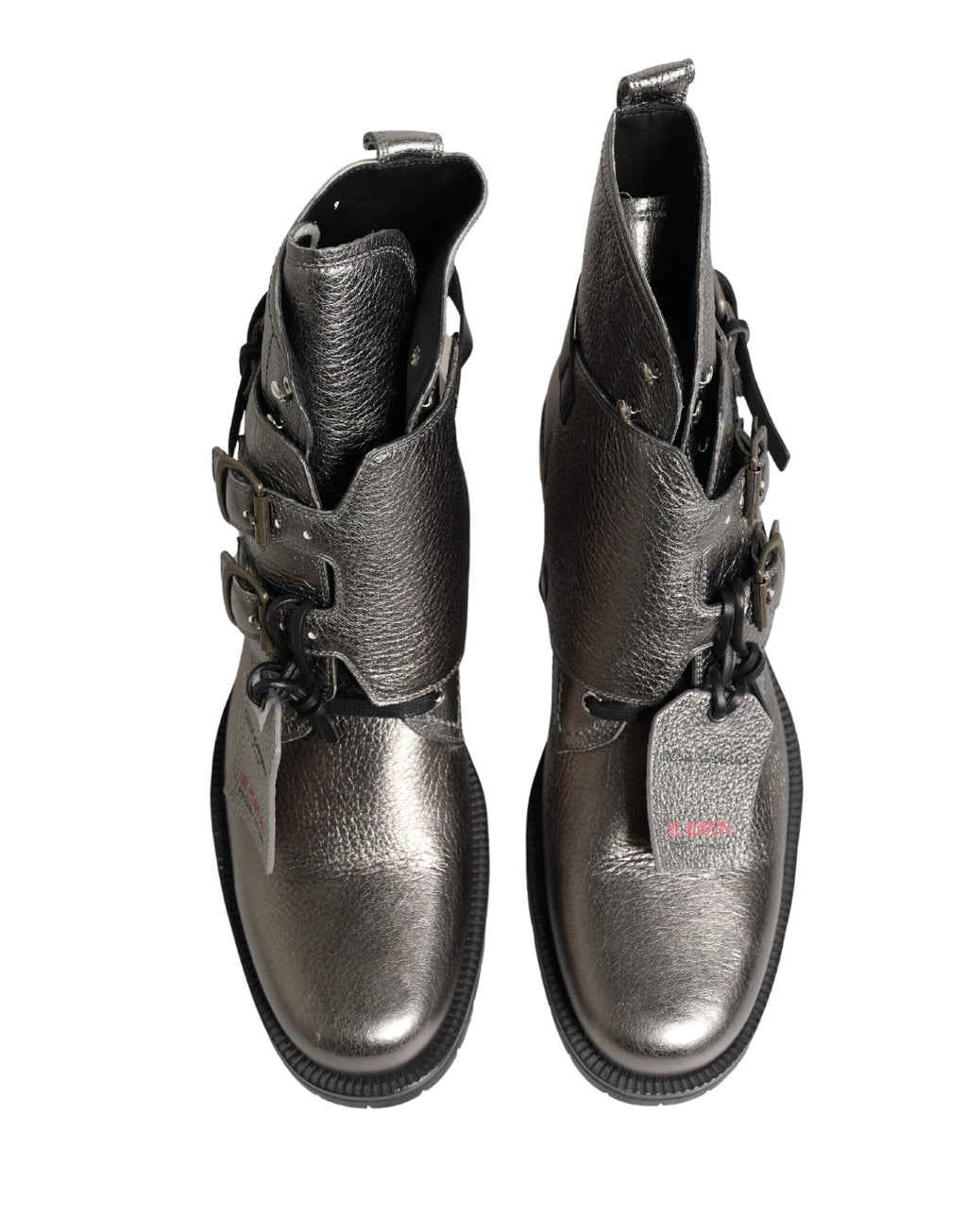 Dolce & Gabbana Metallic Silver Leather Buckle Ankle Boots Shoes - Eljoys Fashion 