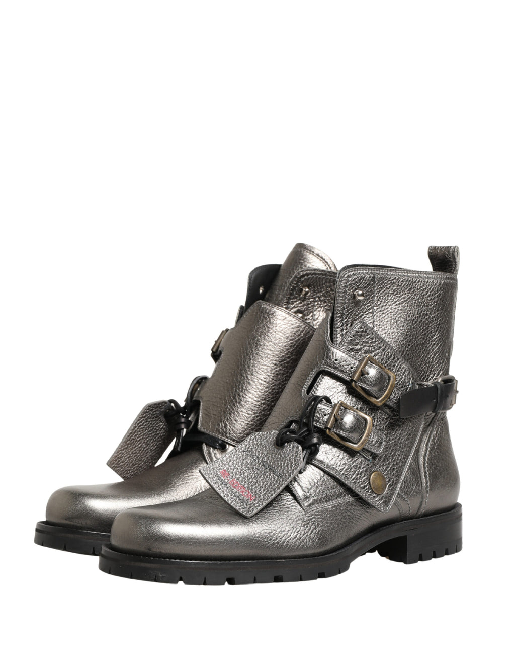 Dolce & Gabbana Metallic Silver Leather Buckle Ankle Boots Shoes - Eljoys Fashion 