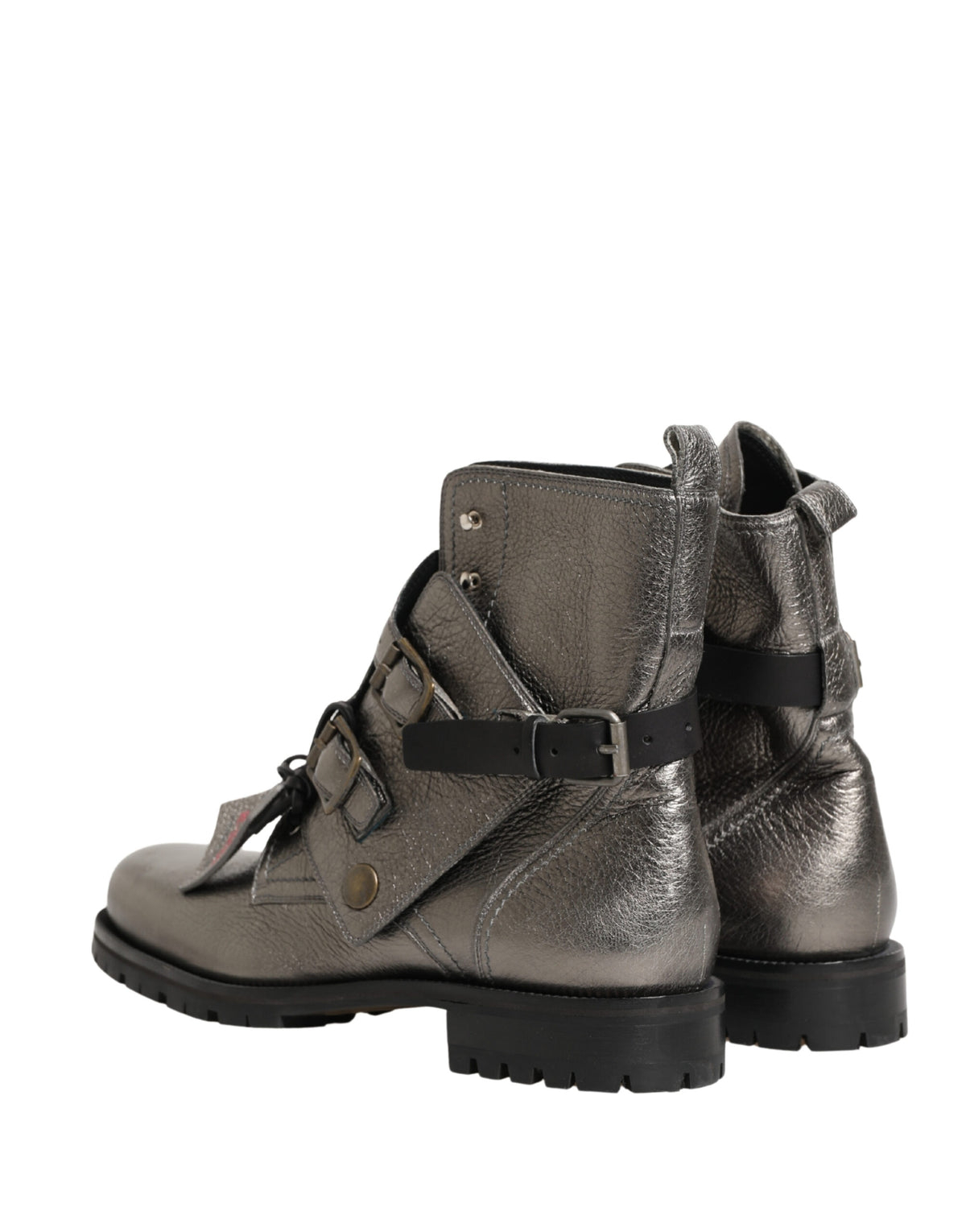 Dolce & Gabbana Metallic Silver Leather Buckle Ankle Boots Shoes - Eljoys Fashion 