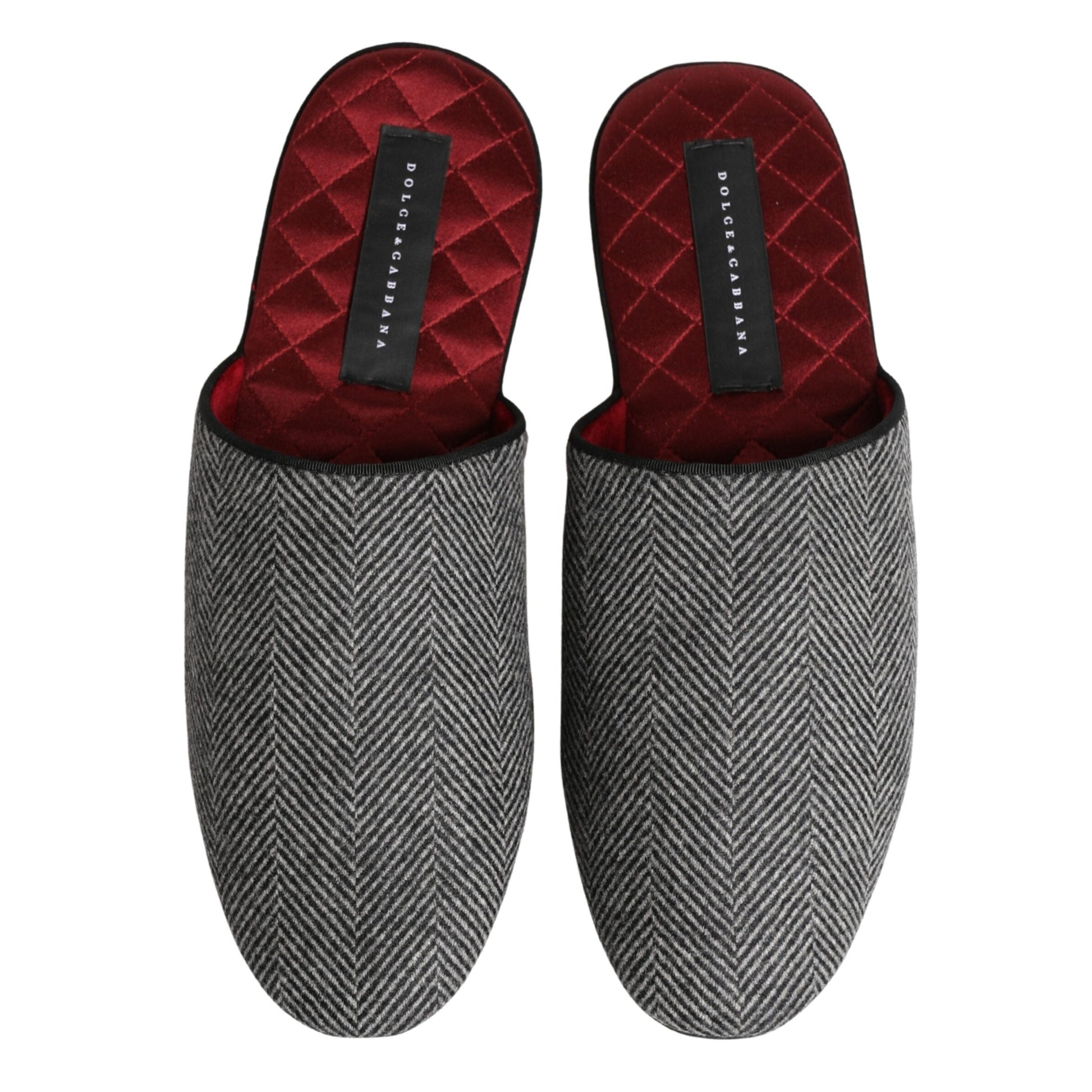 Dolce & Gabbana Grey Herringbone Cashmere Red Slippers Shoes