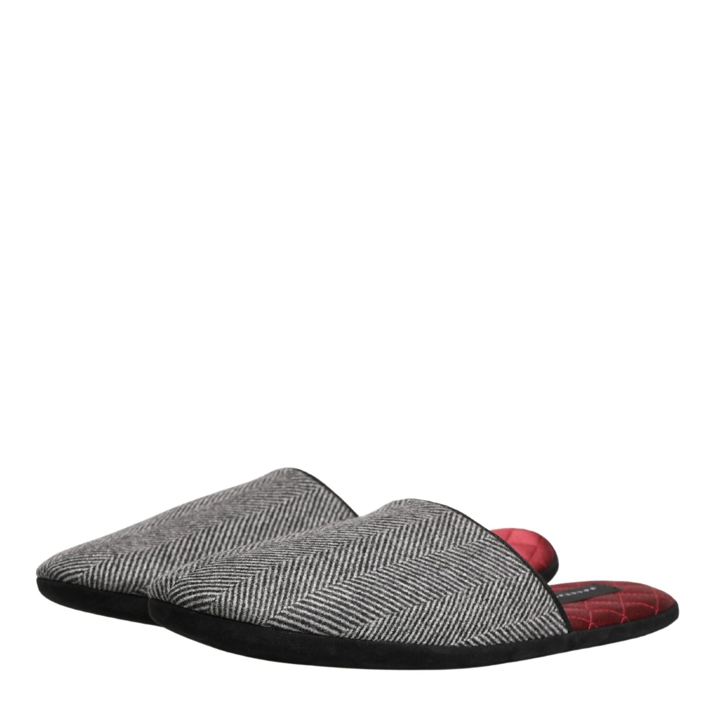 Dolce & Gabbana Grey Herringbone Cashmere Red Slippers Shoes