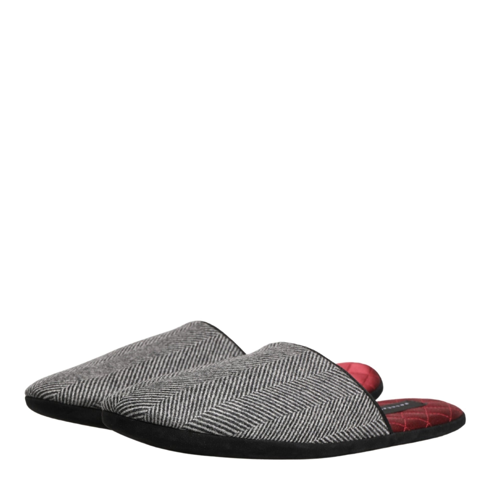 Dolce & Gabbana Grey Herringbone Cashmere Red Slippers Shoes