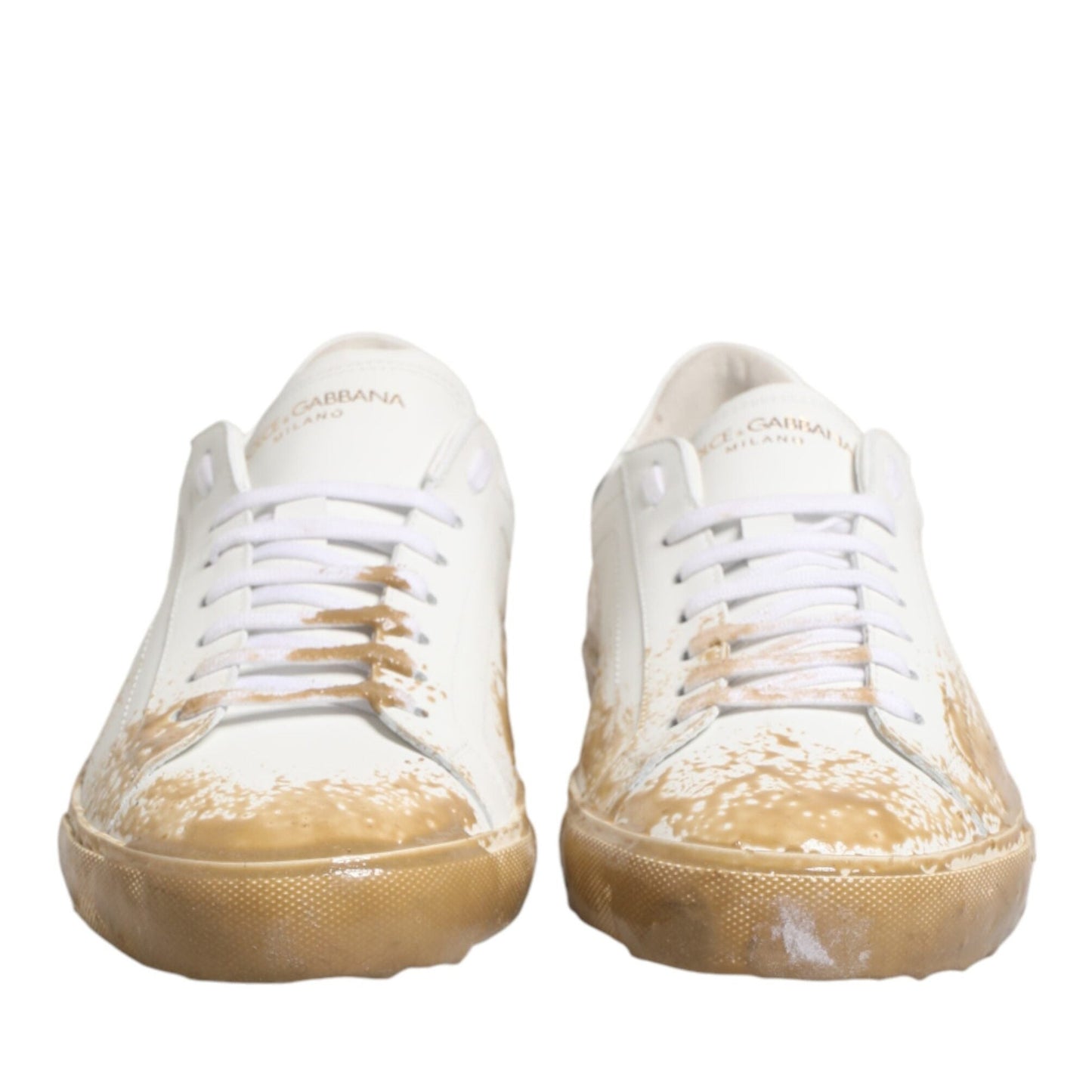 Dolce & Gabbana White Leather Paint Effect Low Top Sneakers Shoes