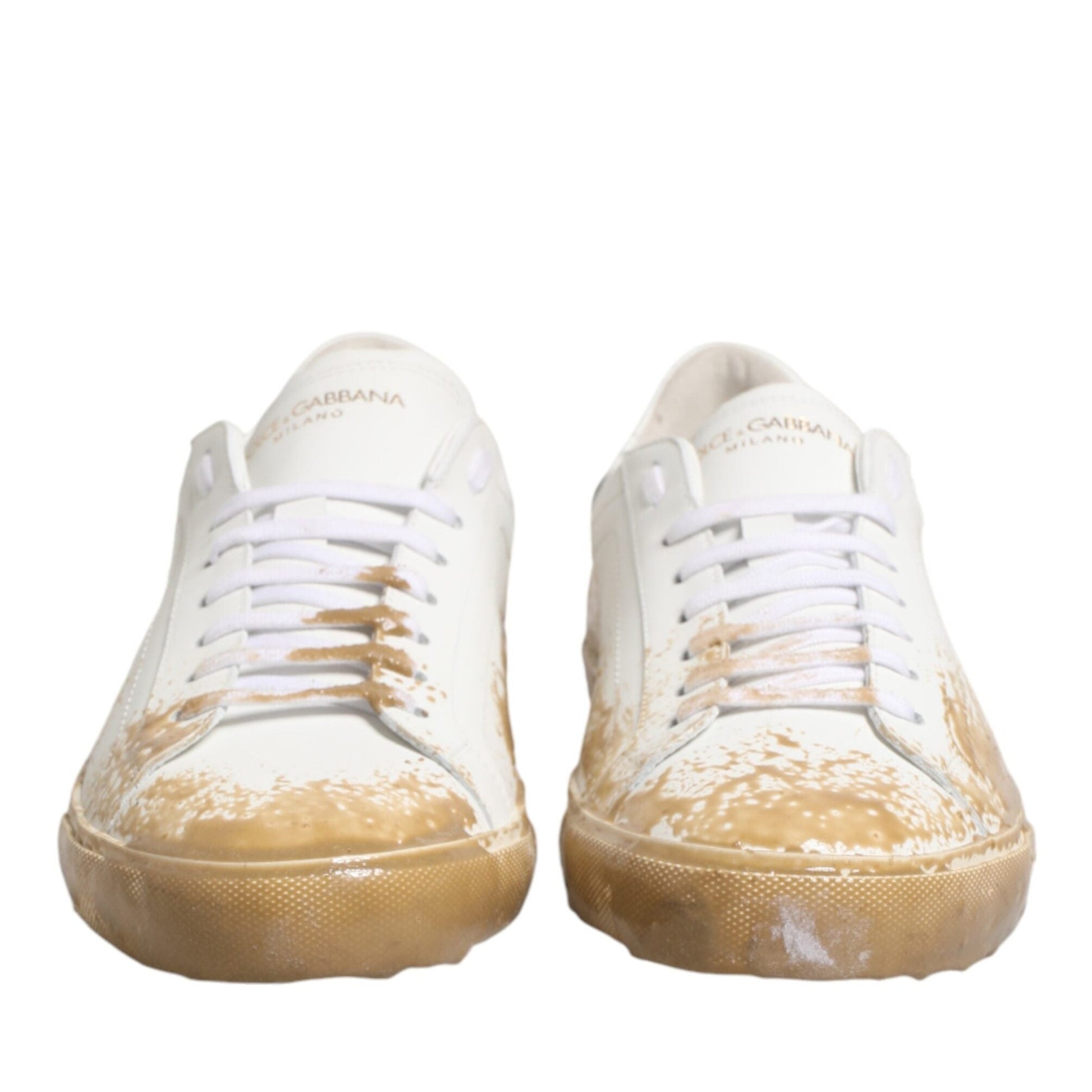 Dolce & Gabbana White Leather Paint Effect Low Top Sneakers Shoes